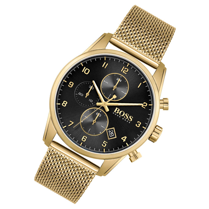 Hugo Boss Gold Steel Mesh Black Dial Chronograph Men's Watch - 1513838