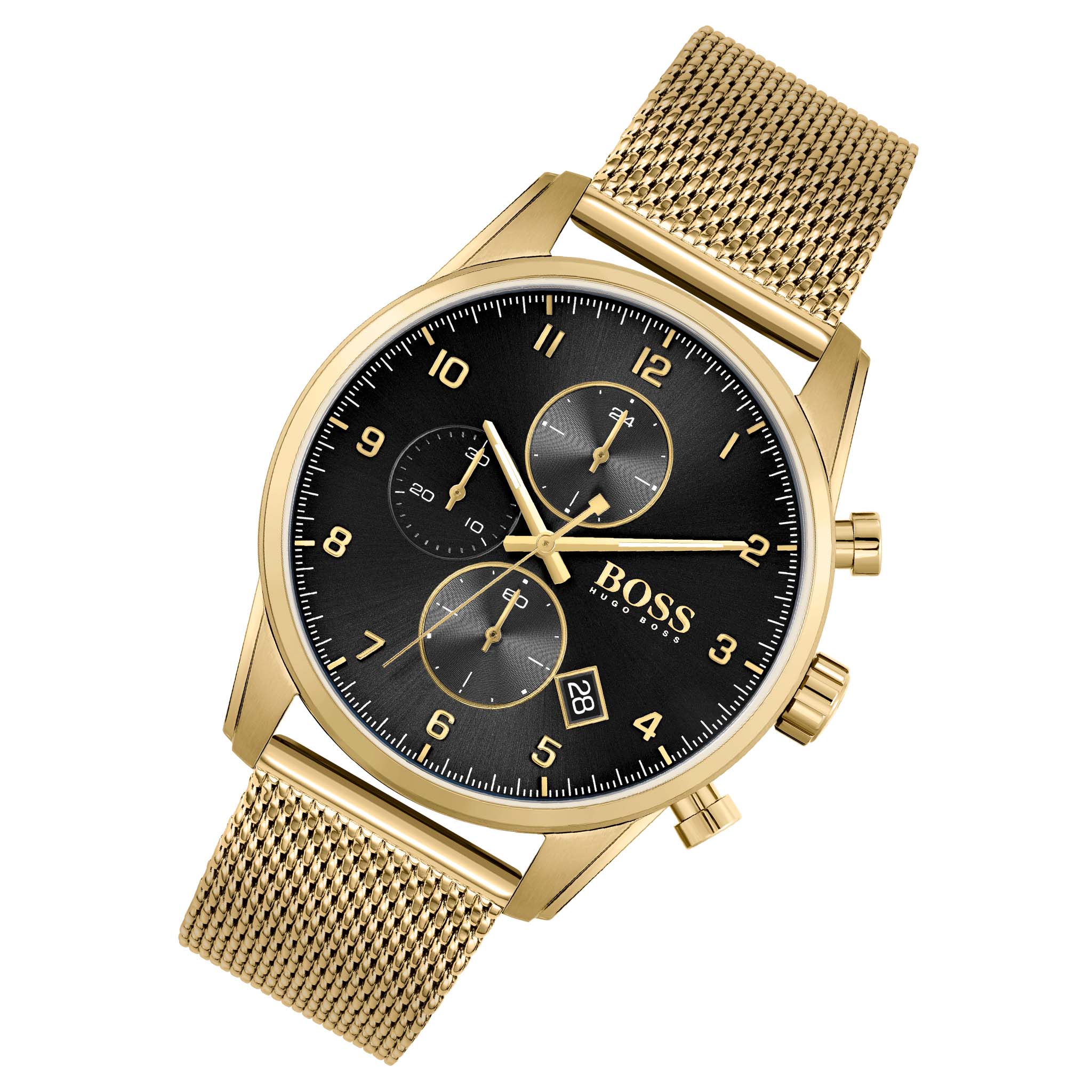 Hugo Boss Gold Steel Mesh Black Dial Chronograph Men's Watch - 1513838