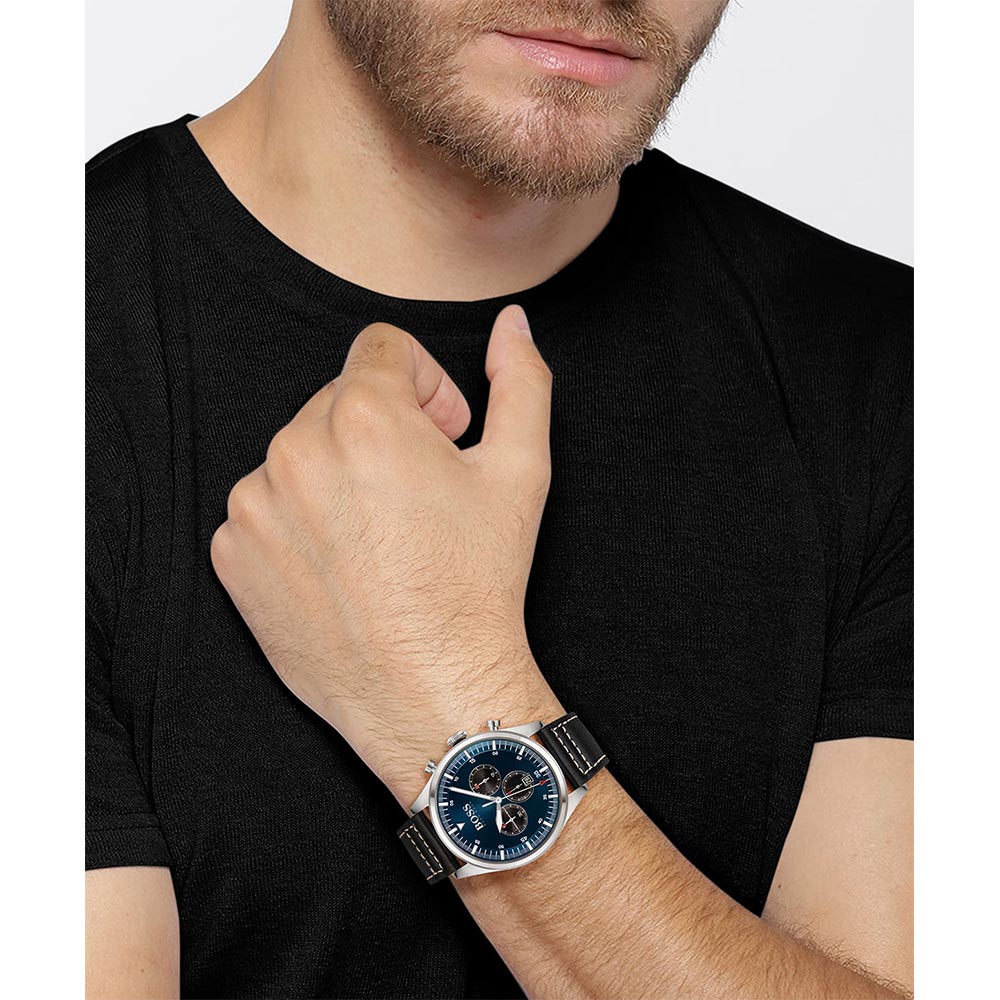 Hugo Boss Black Leather Blue Dial Chronograph Men's Watch - 1513866