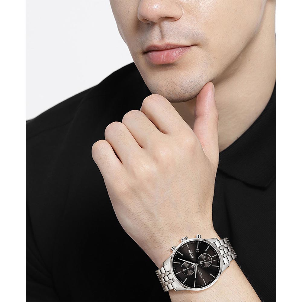Hugo Boss Silver Steel Black Dial Chronograph Men's Watch - 1513869