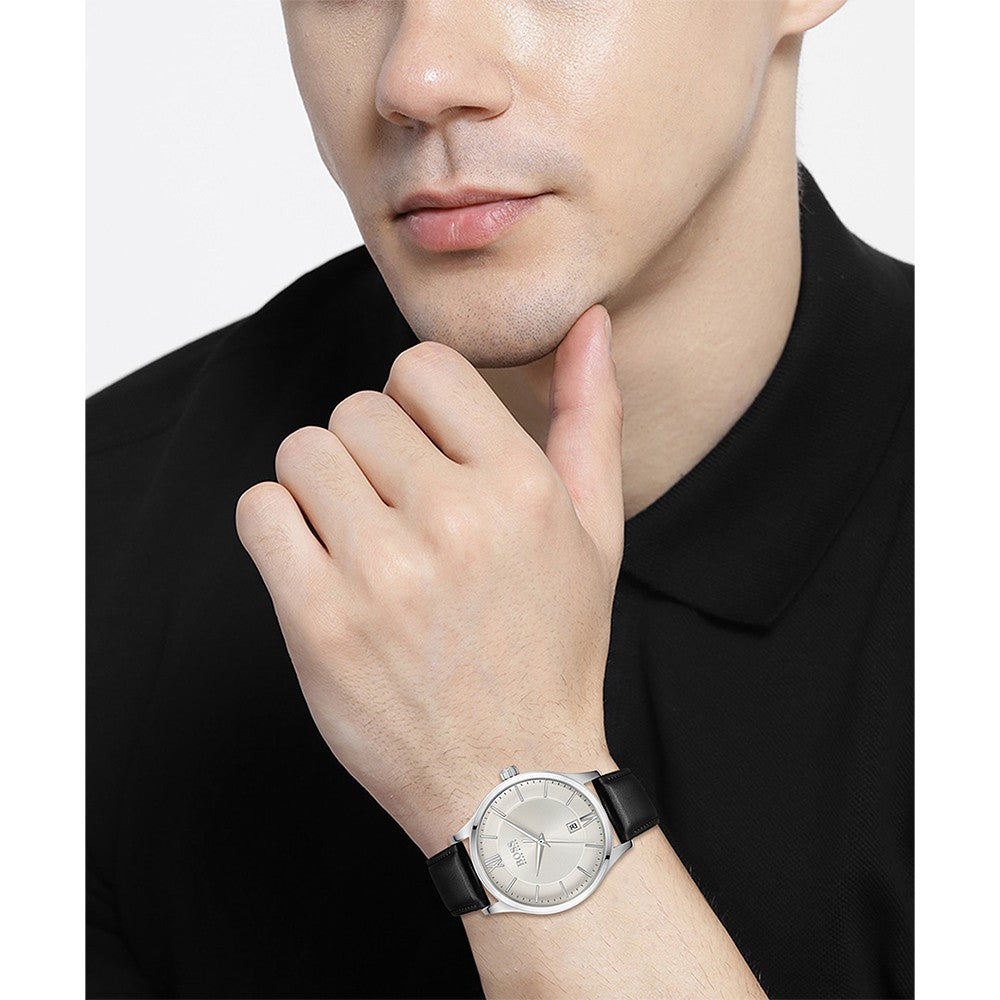 Hugo Boss Black Leather Silver Dial Men's Watch - 1513893