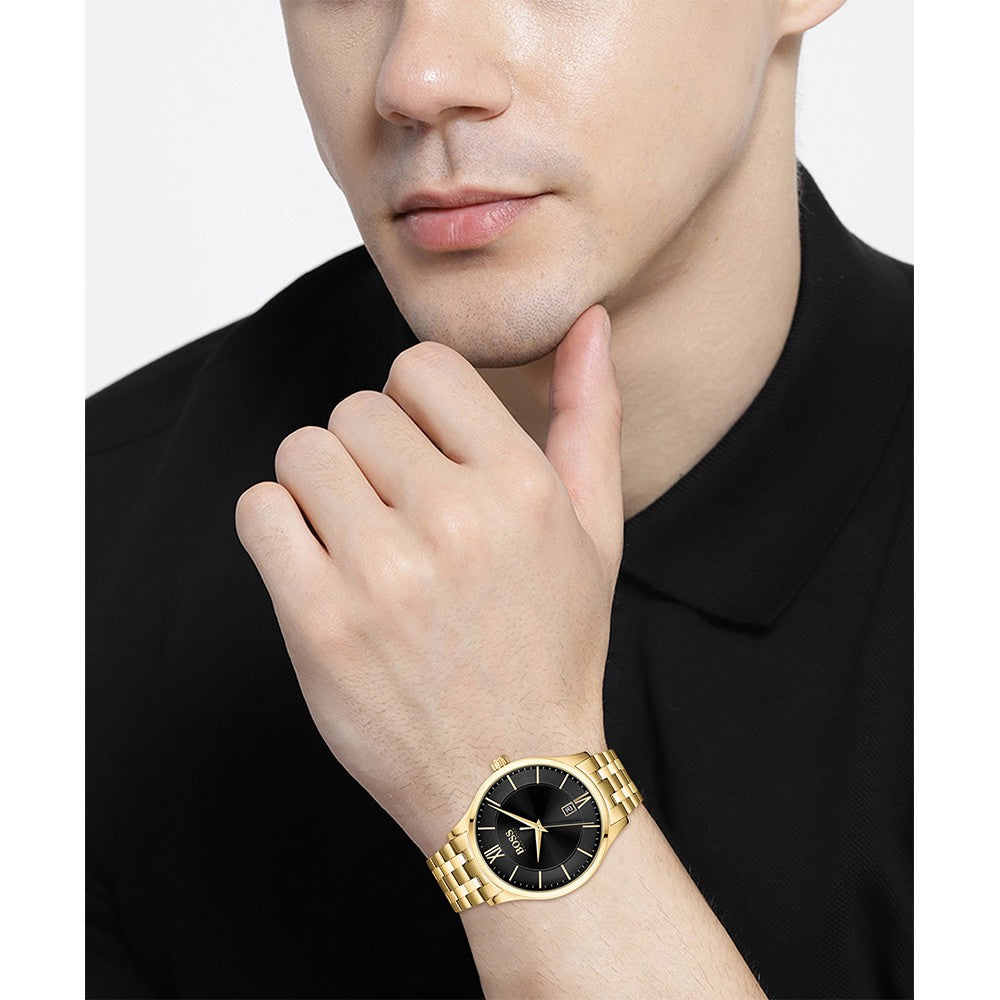 Hugo Boss Gold Steel Black Dial Men's Basic Calendar Watch - 1513897