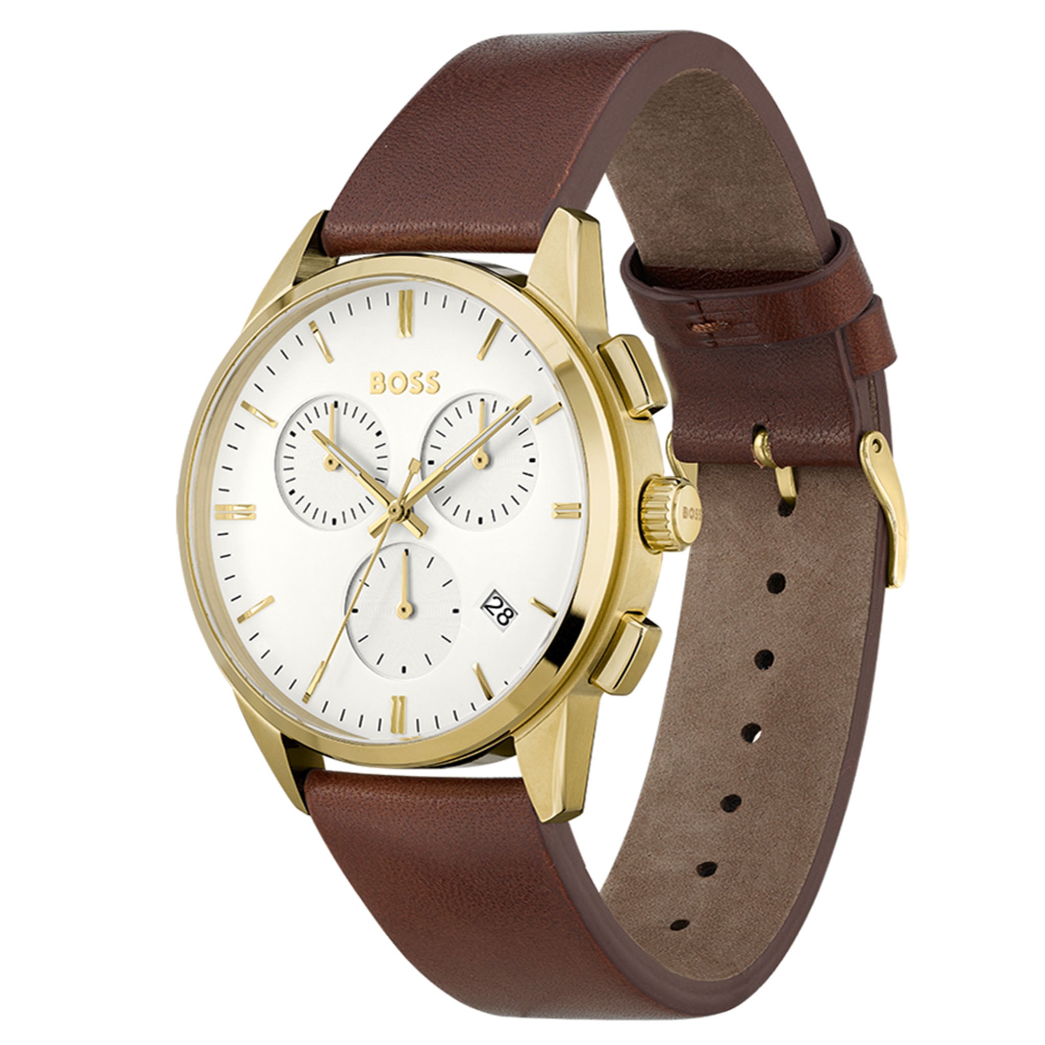 Hugo Boss Brown Leather White Dial Men's Chrono Watch - 1513926