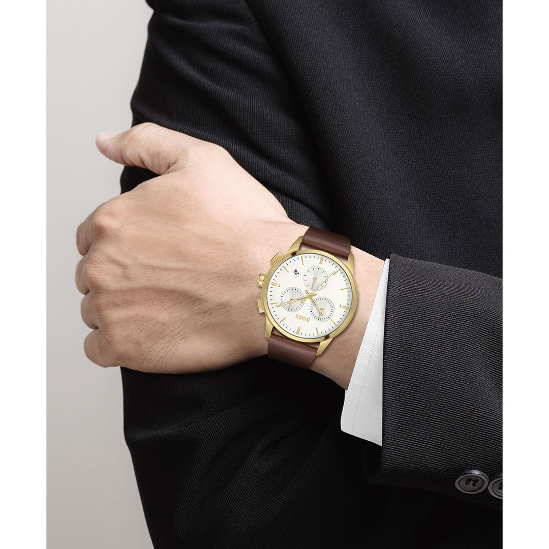 Hugo Boss Brown The Chrono - Watch 1513926 Men\'s Dial – White Leather Australia Factory Watch