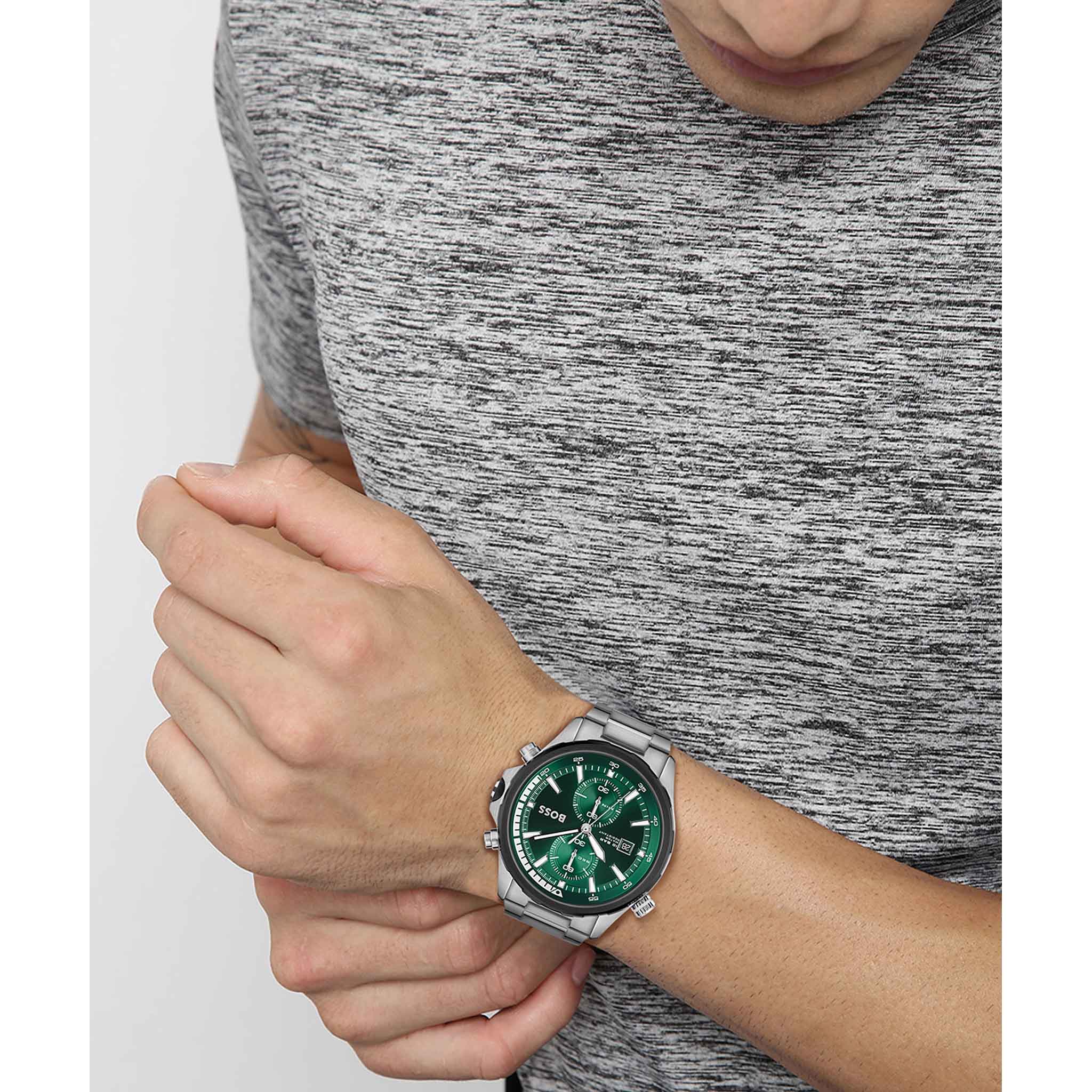 Hugo Boss Silver Steel Green Dial Chronograph Men's Watch - 1513930
