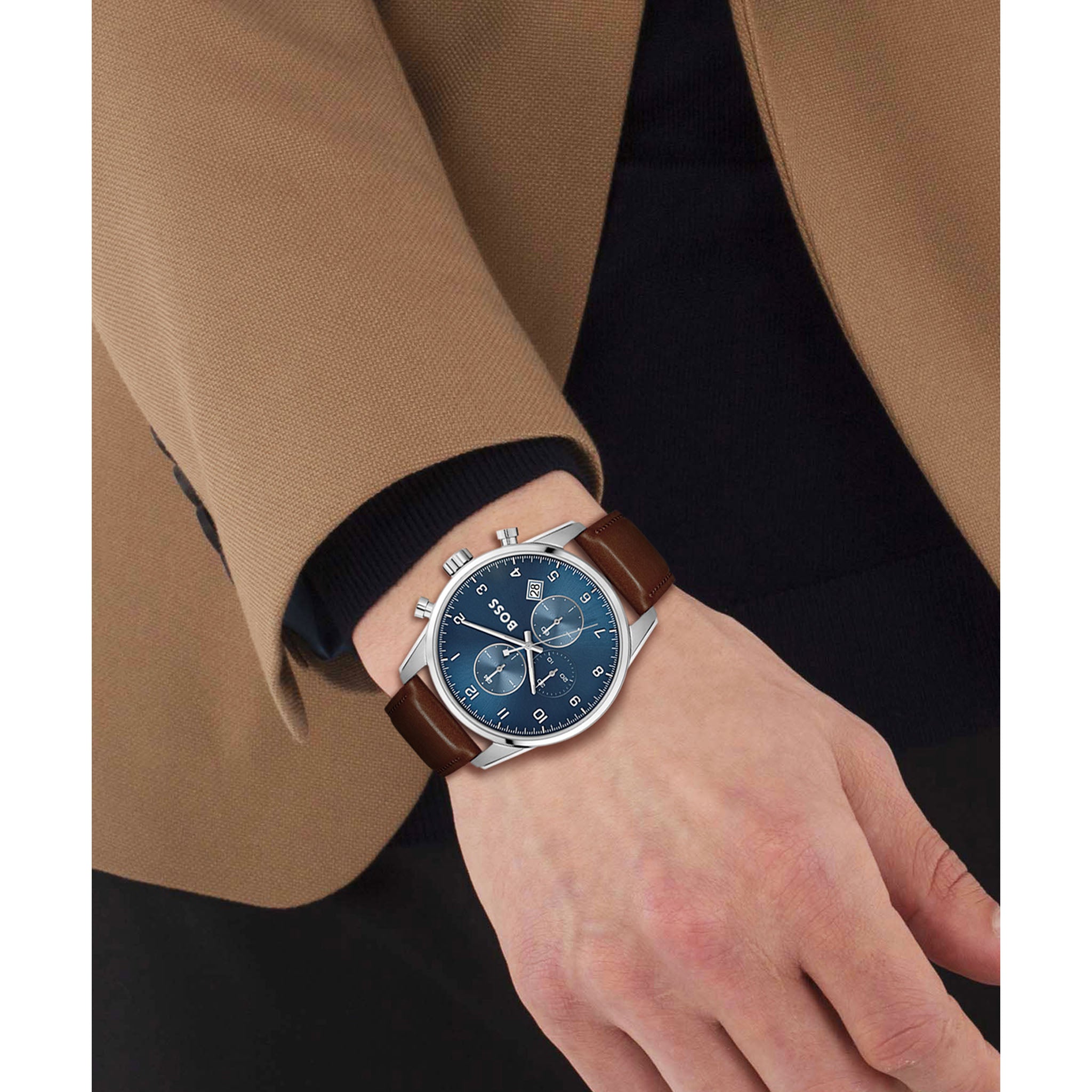Hugo Boss Brown Leather Blue Dial Men's Chronograph Watch - 1513940
