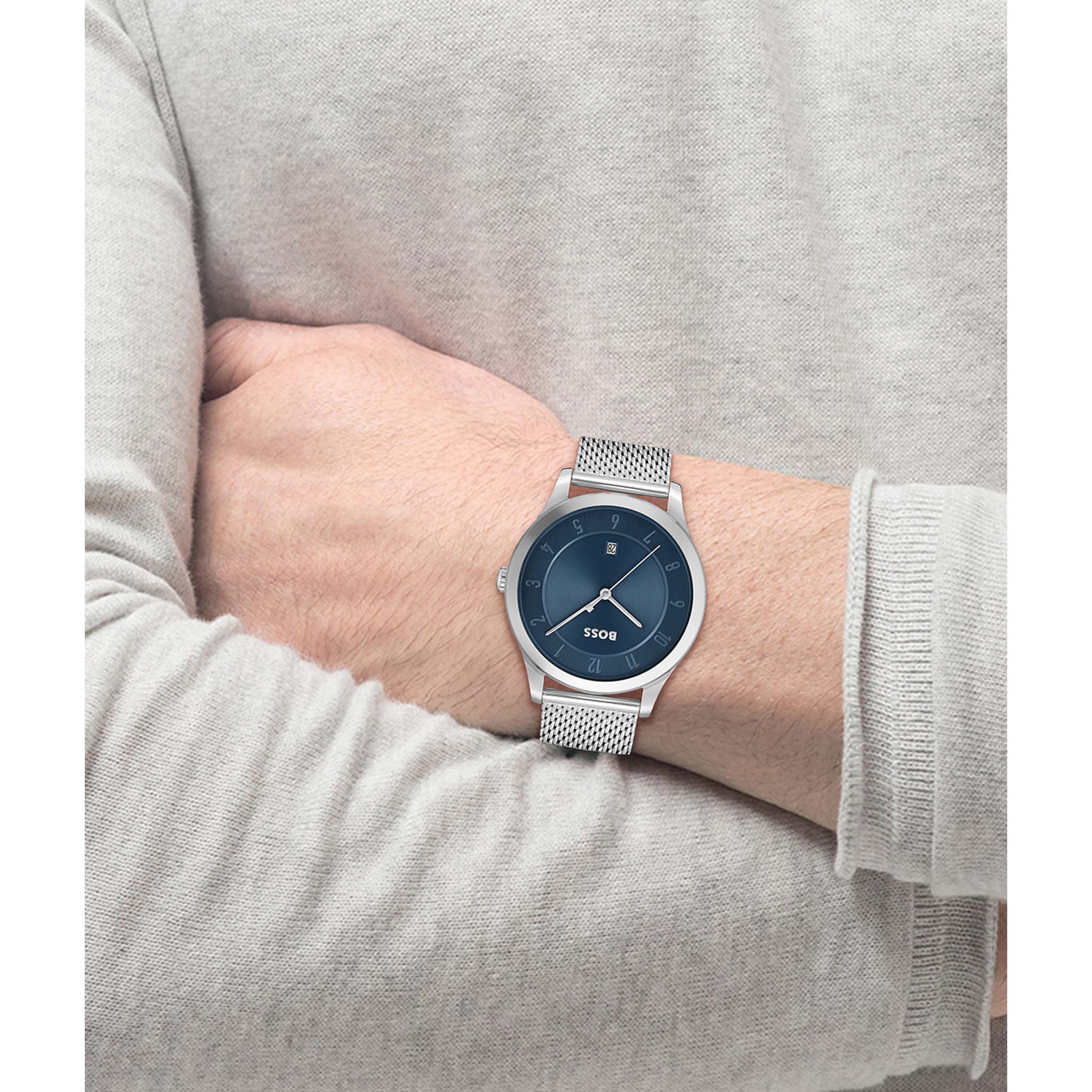 Hugo Boss Silver Mesh Blue Dial Men's Watch - 1513985