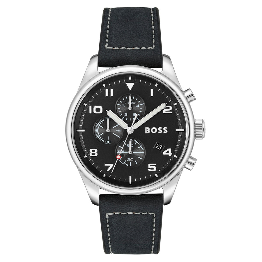 Hugo Boss View Black Leather Black Dial Chronograph Men's Watch - 1513987