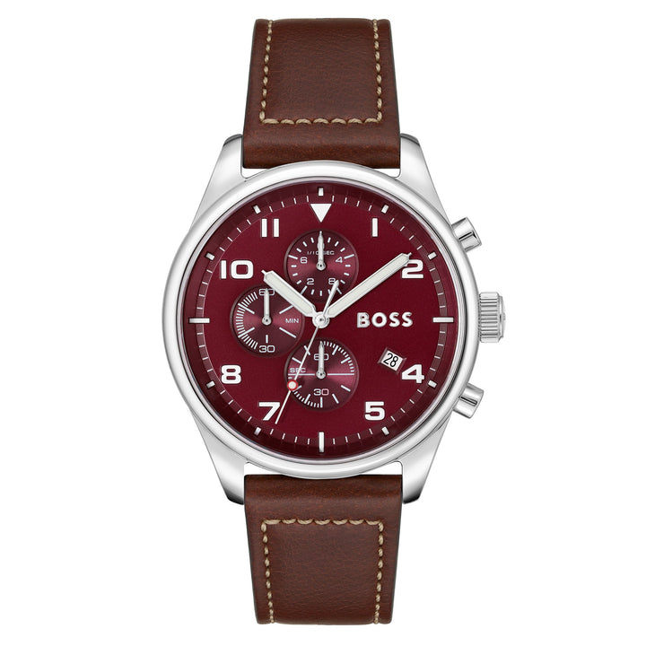 Hugo Boss View Brown Leather Red Dial Chronograph Men's Watch - 1513988