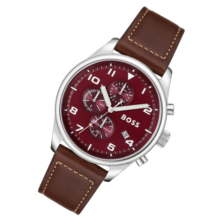 Hugo Boss Brown Leather Red Dial Chronograph Men's Watch - 1513988