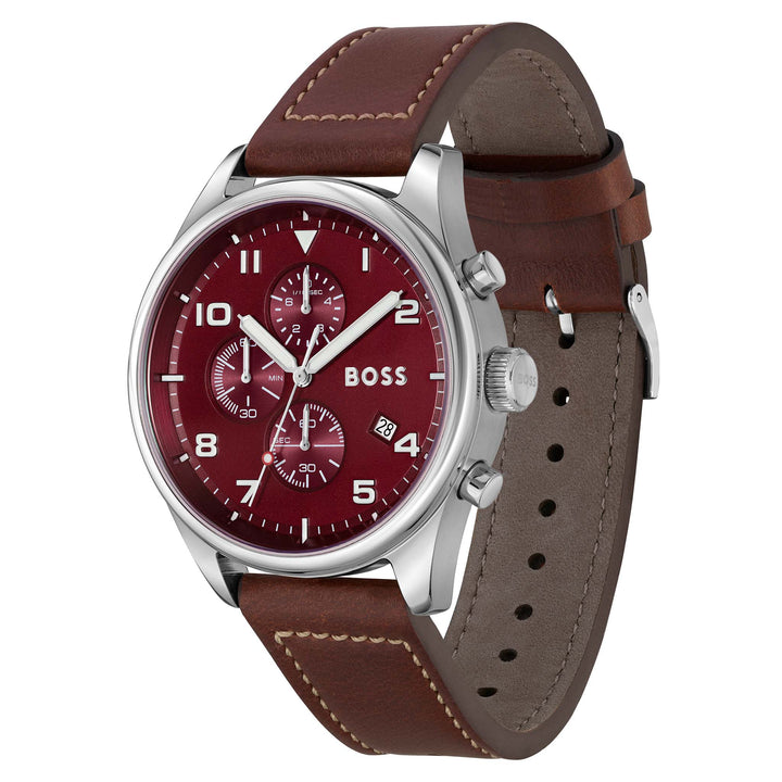 Hugo Boss Brown Leather Red Dial Chronograph Men's Watch - 1513988