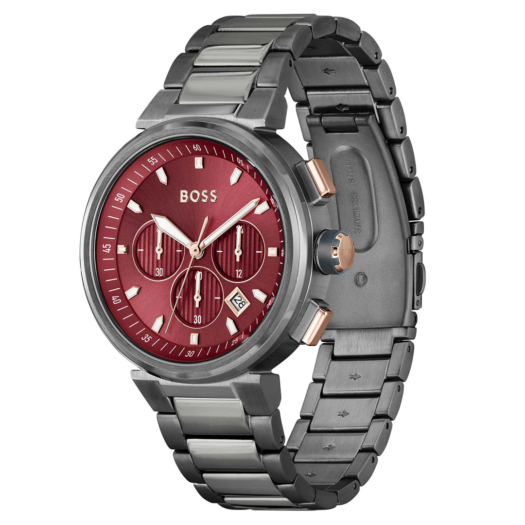 Hugo Boss Grey Steel Red Dial Chronograph Men's Watch - 1514000