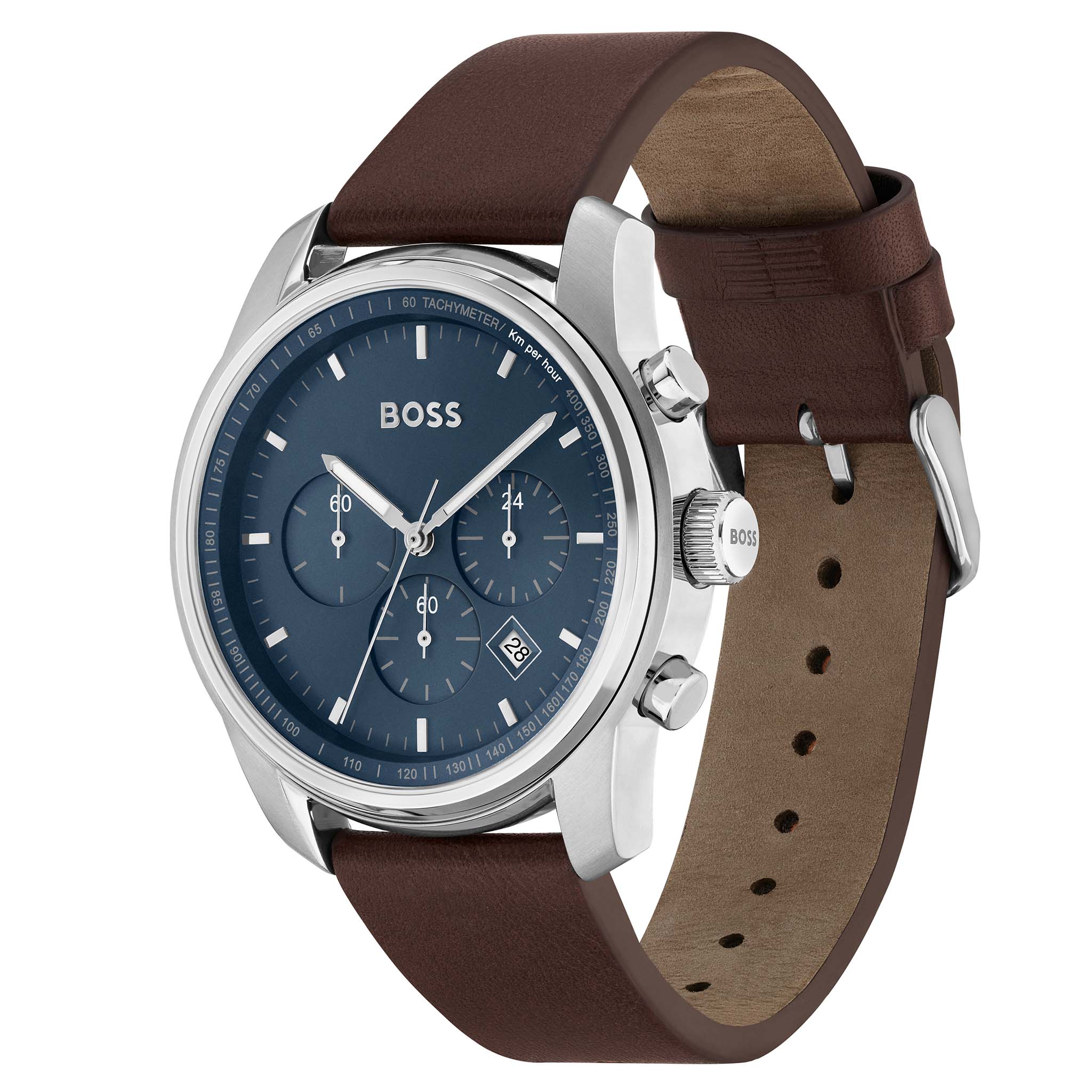 Hugo Boss Brown Leather Blue Dial Chronograph Men's Watch - 1514002