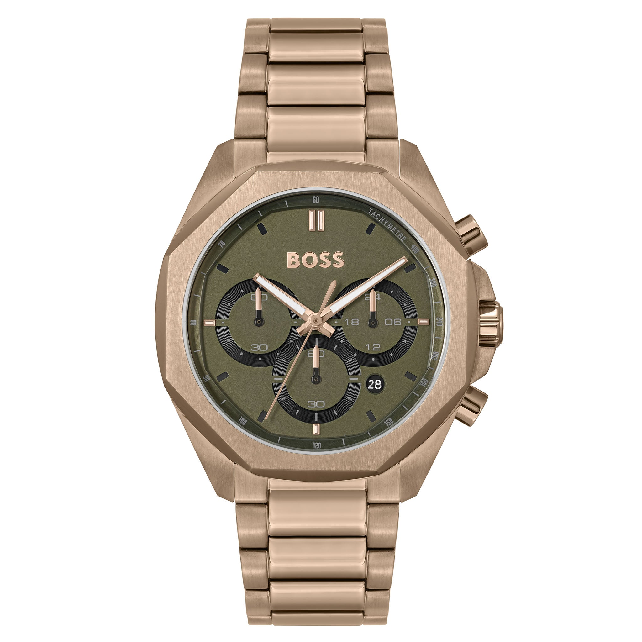 Hugo Boss Beige Gold Steel Olive Green Dial Chronograph Men's Watch - 1514019