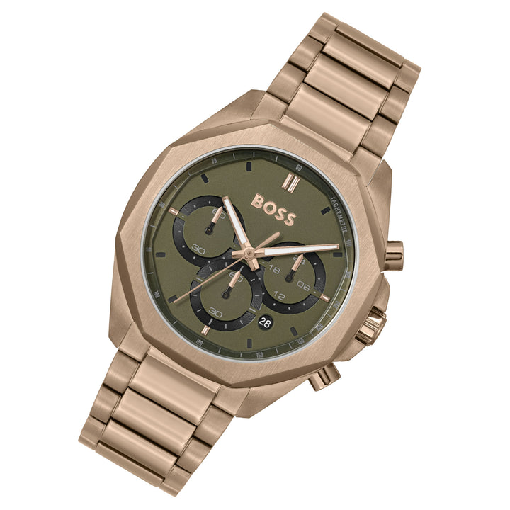Hugo Boss Beige Gold Steel Olive Green Dial Chronograph Men's Watch - 1514019