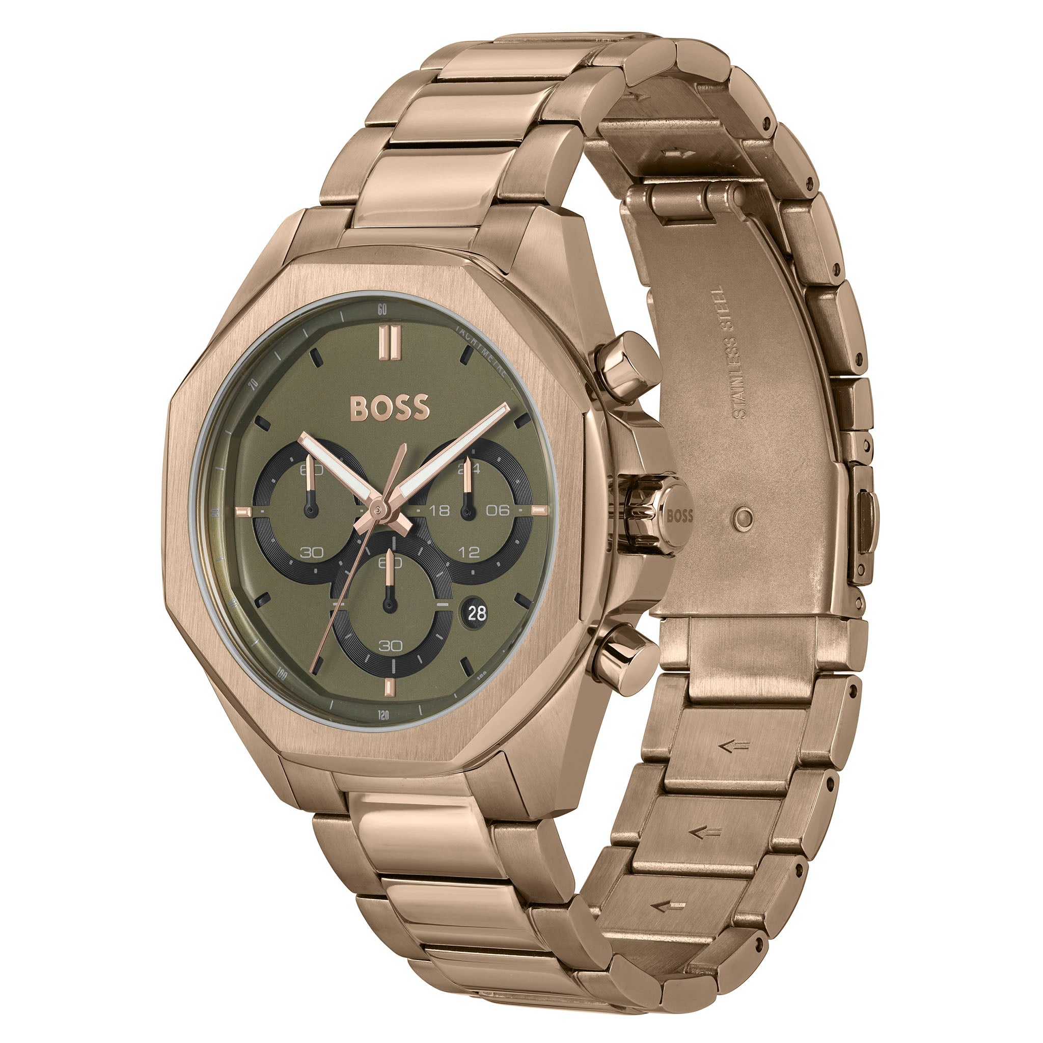Hugo Boss Beige Gold Steel Olive Green Dial Chronograph Men's Watch - 1514019