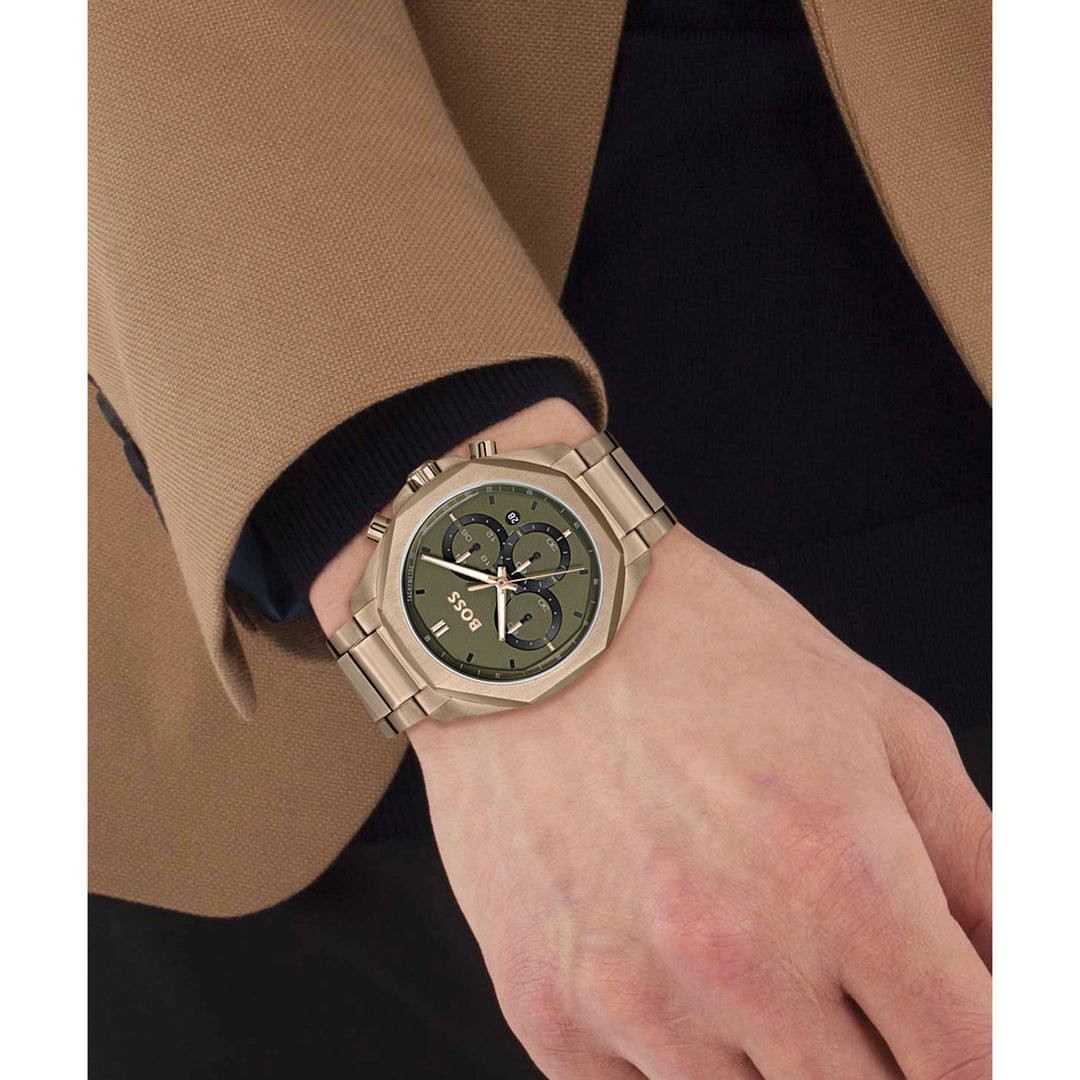 Hugo Boss Beige Gold Steel Olive Green Dial Chronograph Men's Watch - 1514019