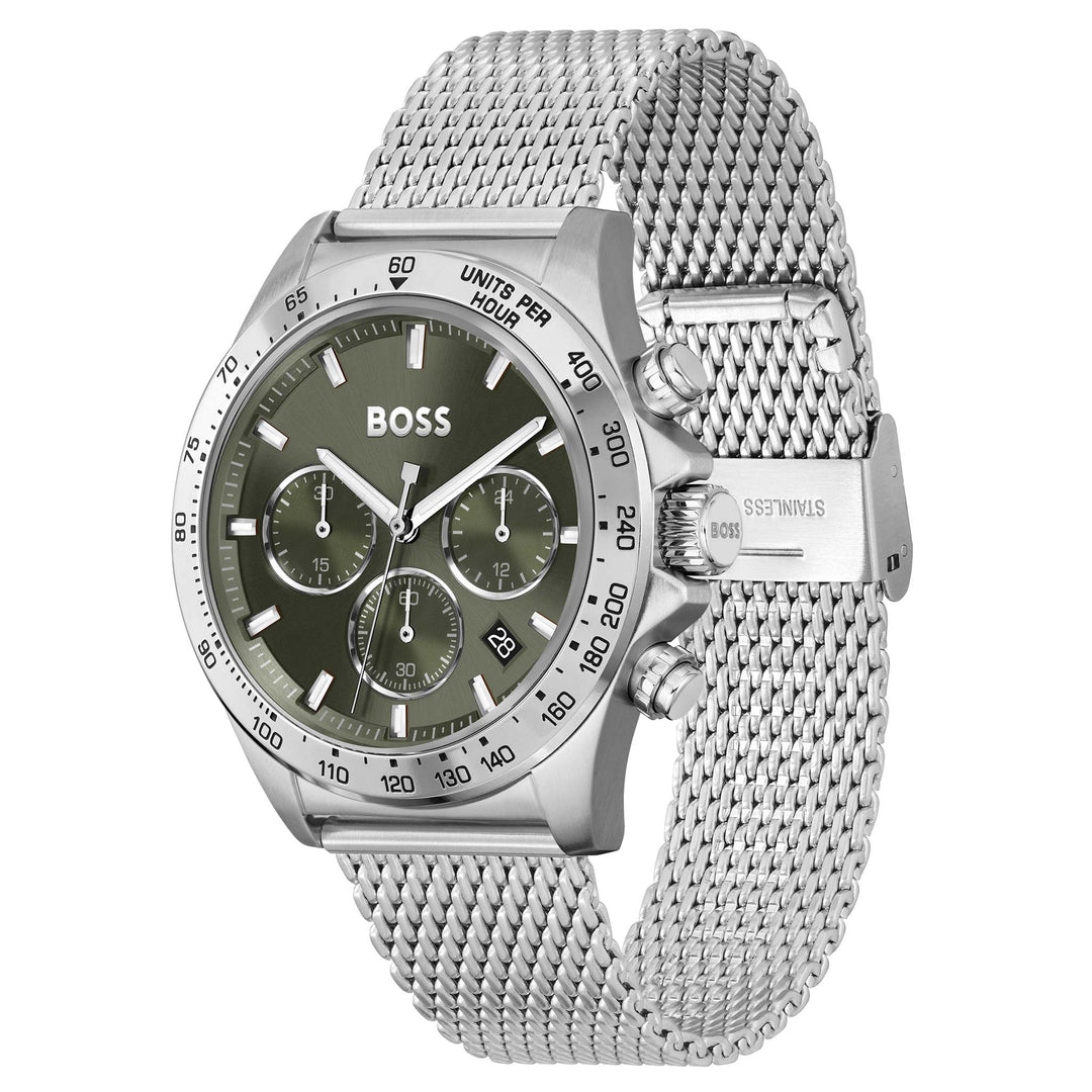 Hugo Boss Silver-tone Steel Mesh Green Dial Chronograph Men's Watch - 1514020