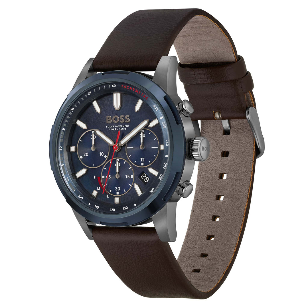 Hugo Boss Brown Leather Blue Dial Solar-Chronograph Men's Watch - 1514030