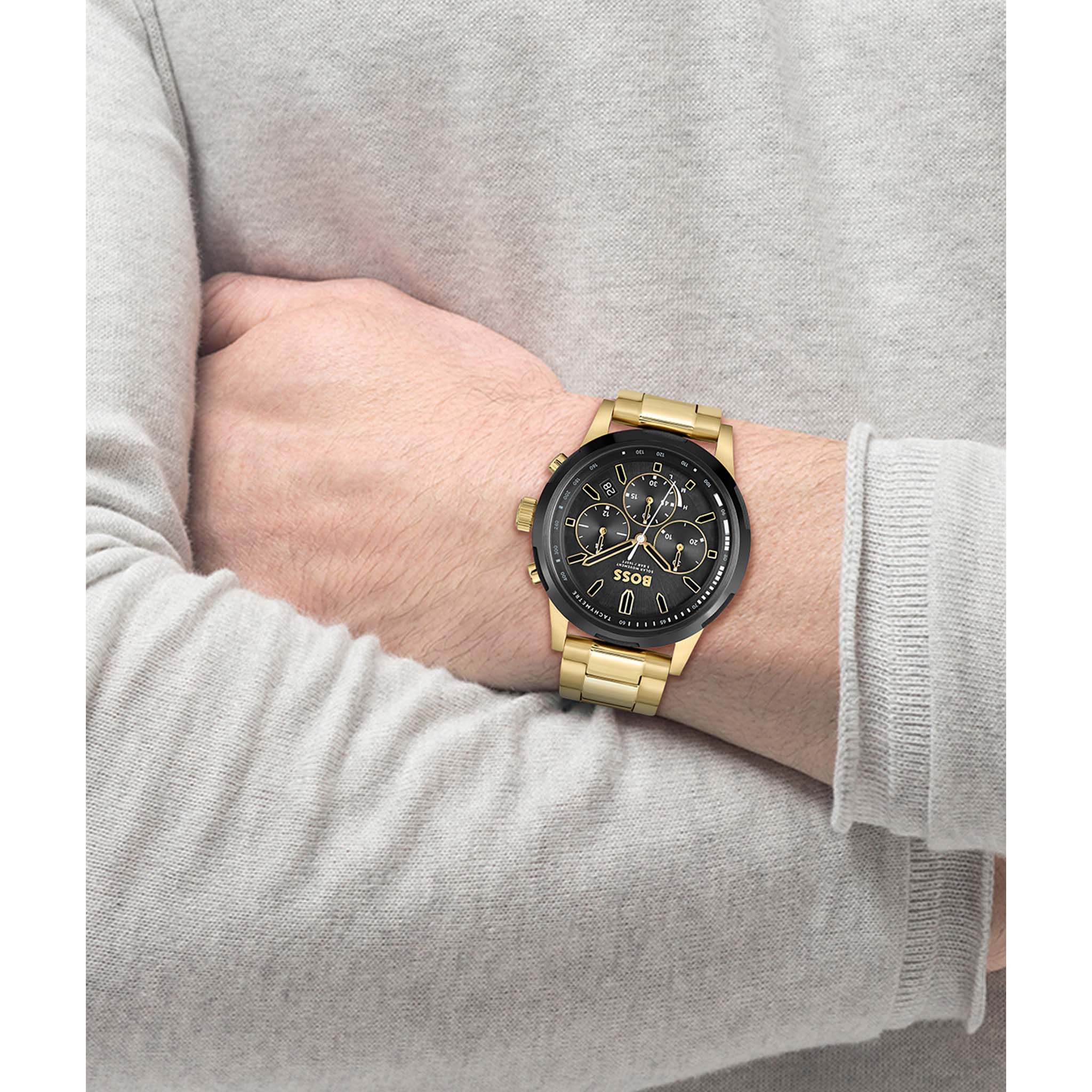 Hugo Boss Gold Steel Black Sunray Dial Solar - Chrono Men's Watch - 1514033