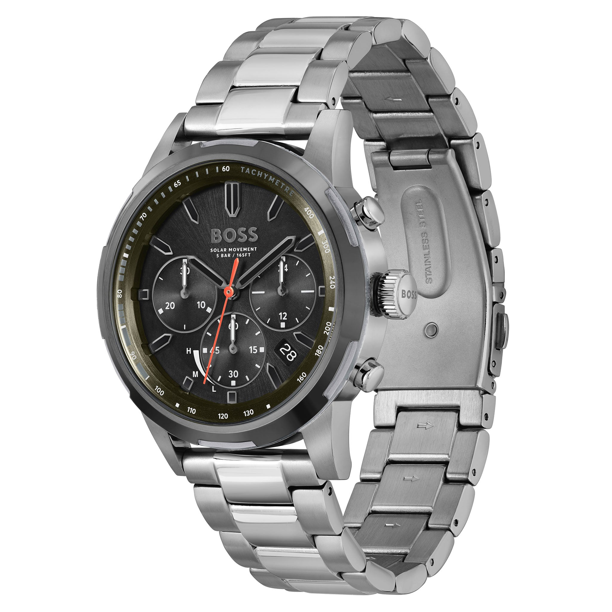 Hugo Boss Grey Steel Olive Green Dial Solar-Chronograph Men's Watch - 1514034