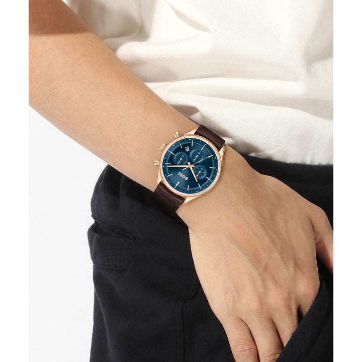 Hugo Boss Brown Mock Crocodile-Grained Leather Blue Sunray Dial Chronograph Men's Watch - 1514050