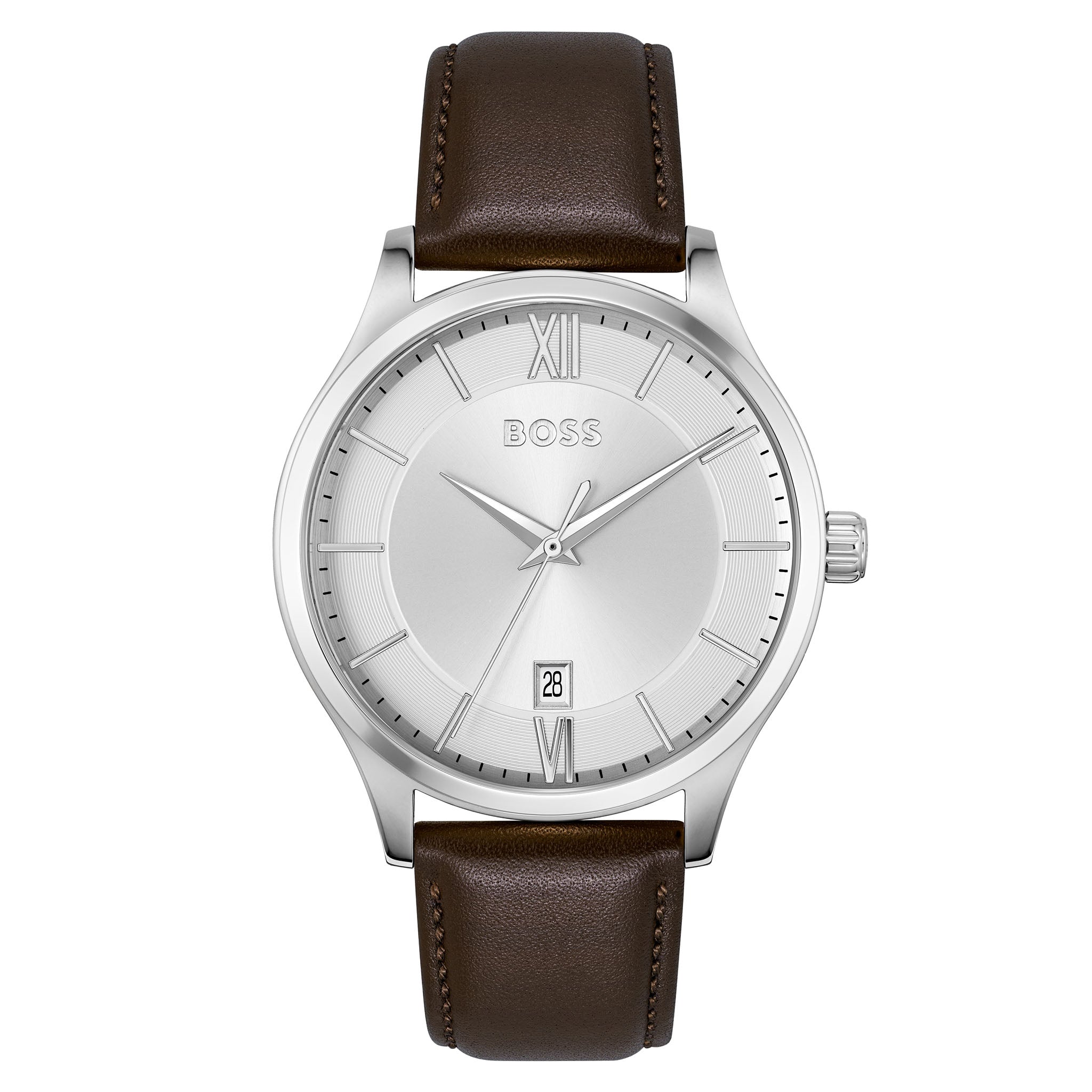 Hugo Boss Brown Calfskin Silver White Dial Men's Watch - 1514064