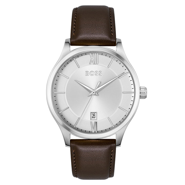 Hugo Boss Brown Calfskin Silver White Dial Men's Watch - 1514064