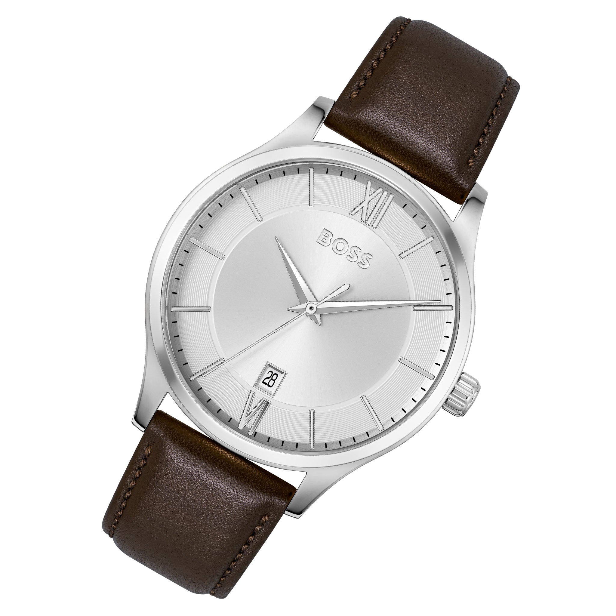 Hugo Boss Brown Calfskin Leather Silver White Dial Men's Watch - 1514064