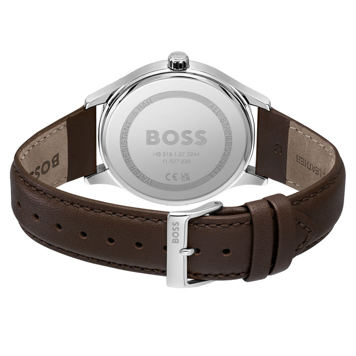 Hugo Boss Brown Calfskin Leather Silver White Dial Men's Watch - 1514064