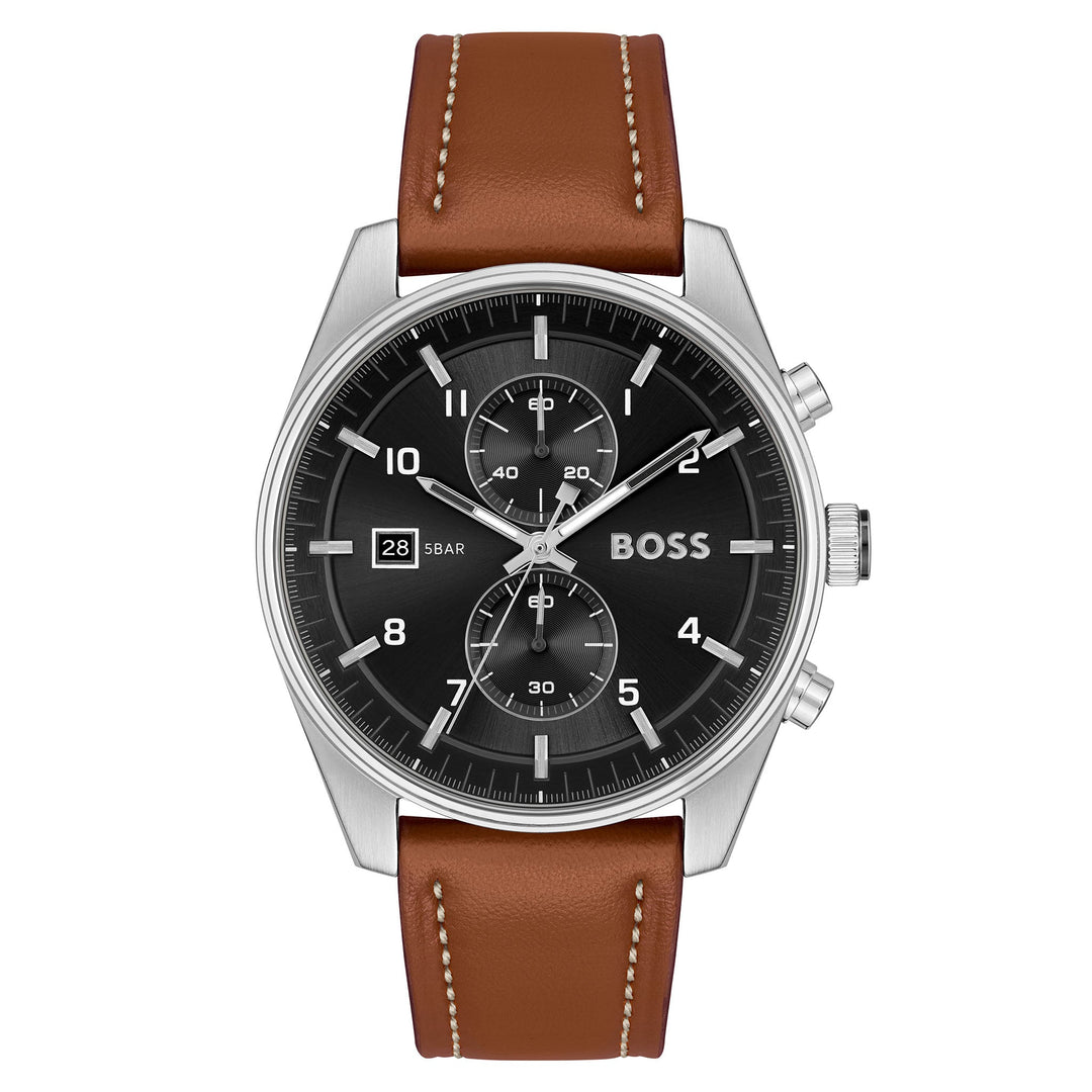 Hugo Boss Brown Calfskin Black Sunray Dial Fashion Chronograph Men's Watch - 1514161
