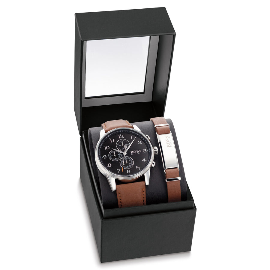 Hugo Boss Brown Leather Black Dial Chronograph with Bracelet Men's Gift Set Watch - 1570097