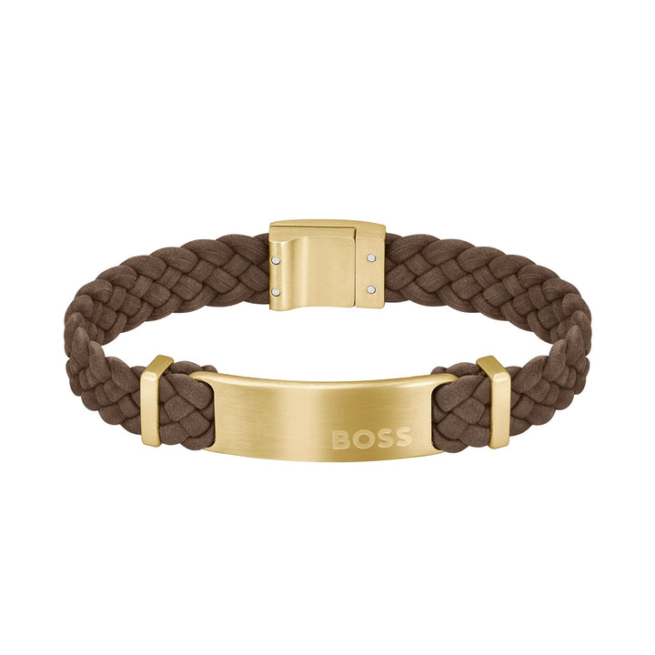 Hugo Boss Jewellery Gold Steel & Brown Leather Men's Leather Bracelet - 1580607M