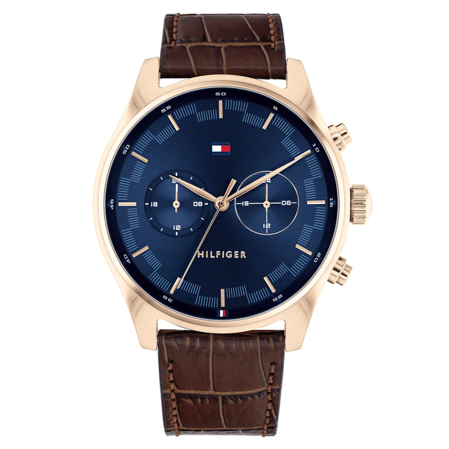 Tommy Hilfiger Brown Leather Blue Dial Men's Multi-function Watch - 1710423