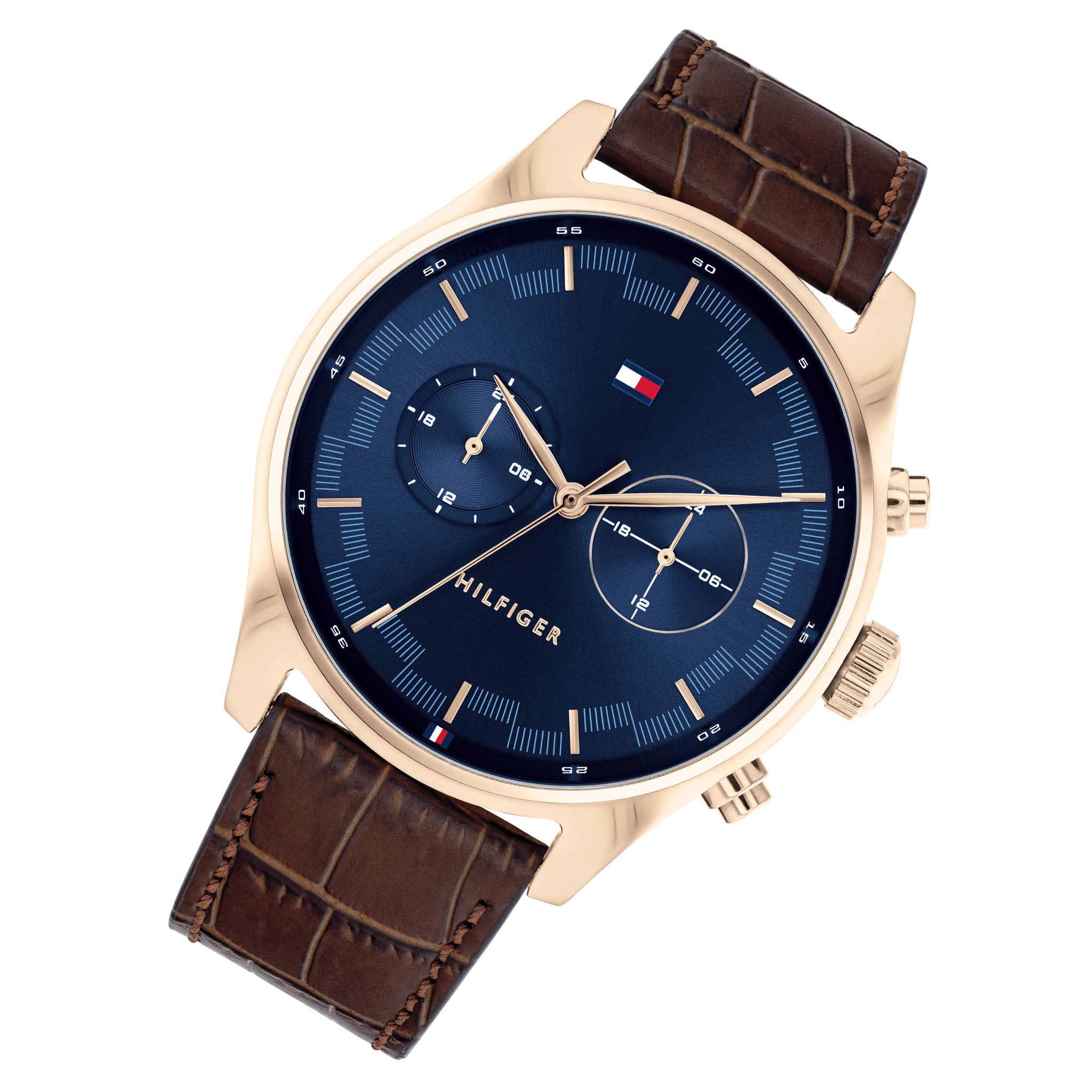 Tommy Hilfiger Brown Leather Blue Dial Men's Multi-function Watch - 1710423