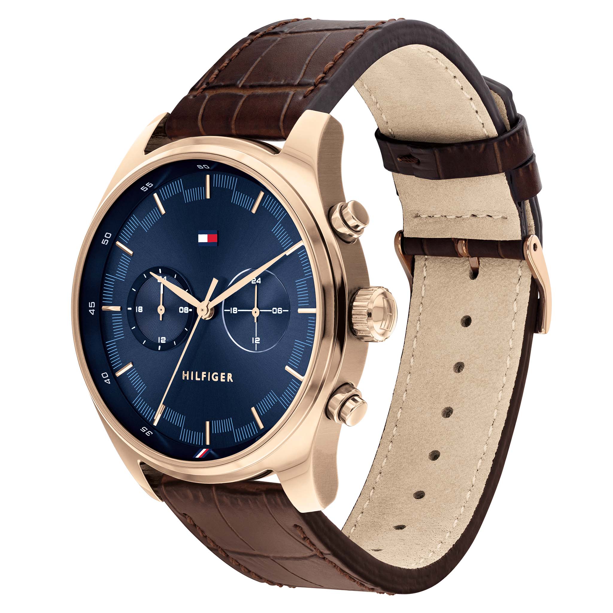 Tommy Hilfiger Brown Leather Blue Dial Men's Multi-function Watch - 1710423