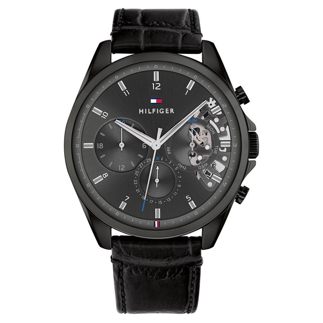 Tommy Hilfiger Black Leather Men's Multi-function Watch - 1710452