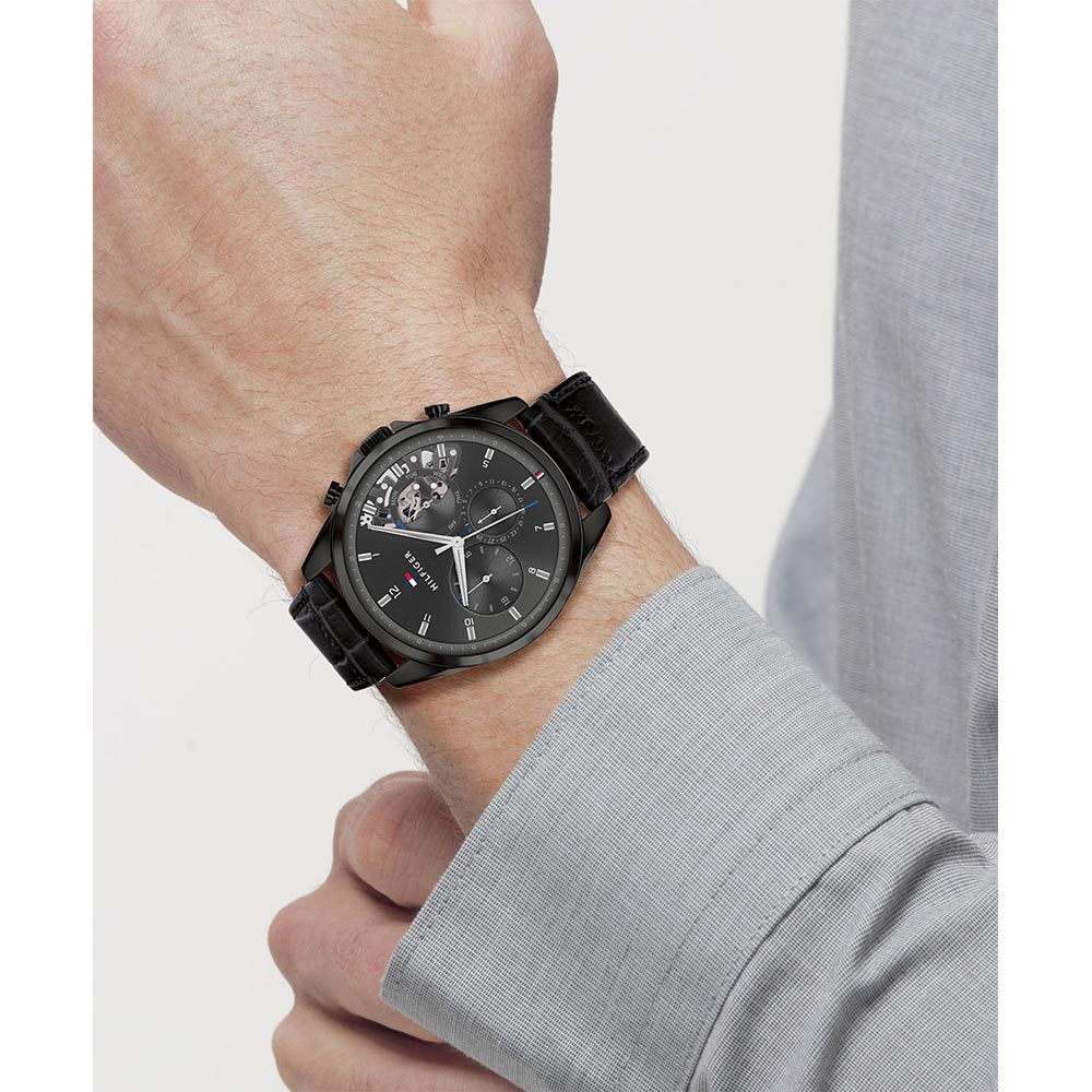 Tommy Hilfiger Black Leather Men's Multi-function Watch - 1710452