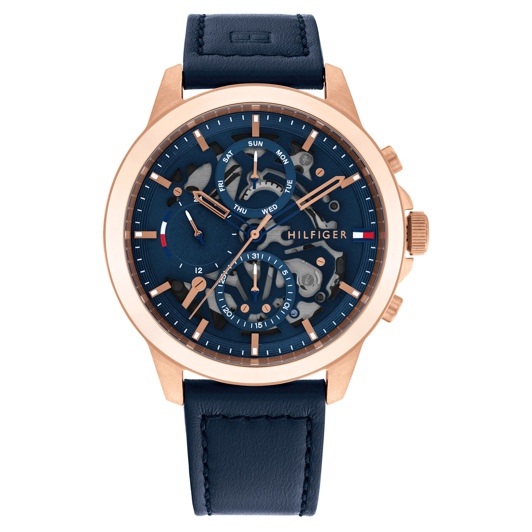 Tommy Hilfiger Leather Band Blue Dial Men's Multi-function Watch - 1710475