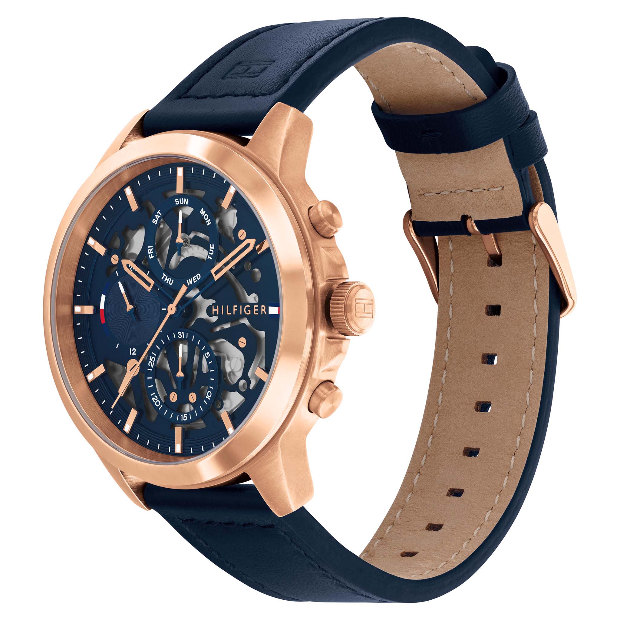 Tommy Hilfiger Leather Band Blue Dial Men's Multi-function Watch - 1710475