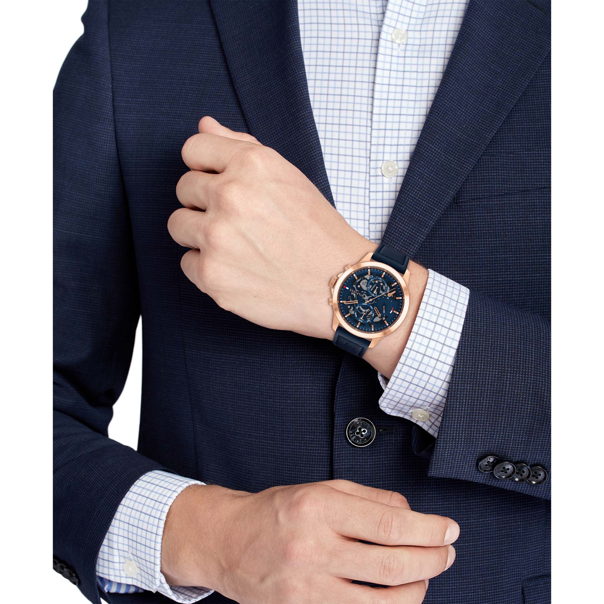 Tommy Hilfiger Leather Band Blue Dial Men's Multi-function Watch - 1710475