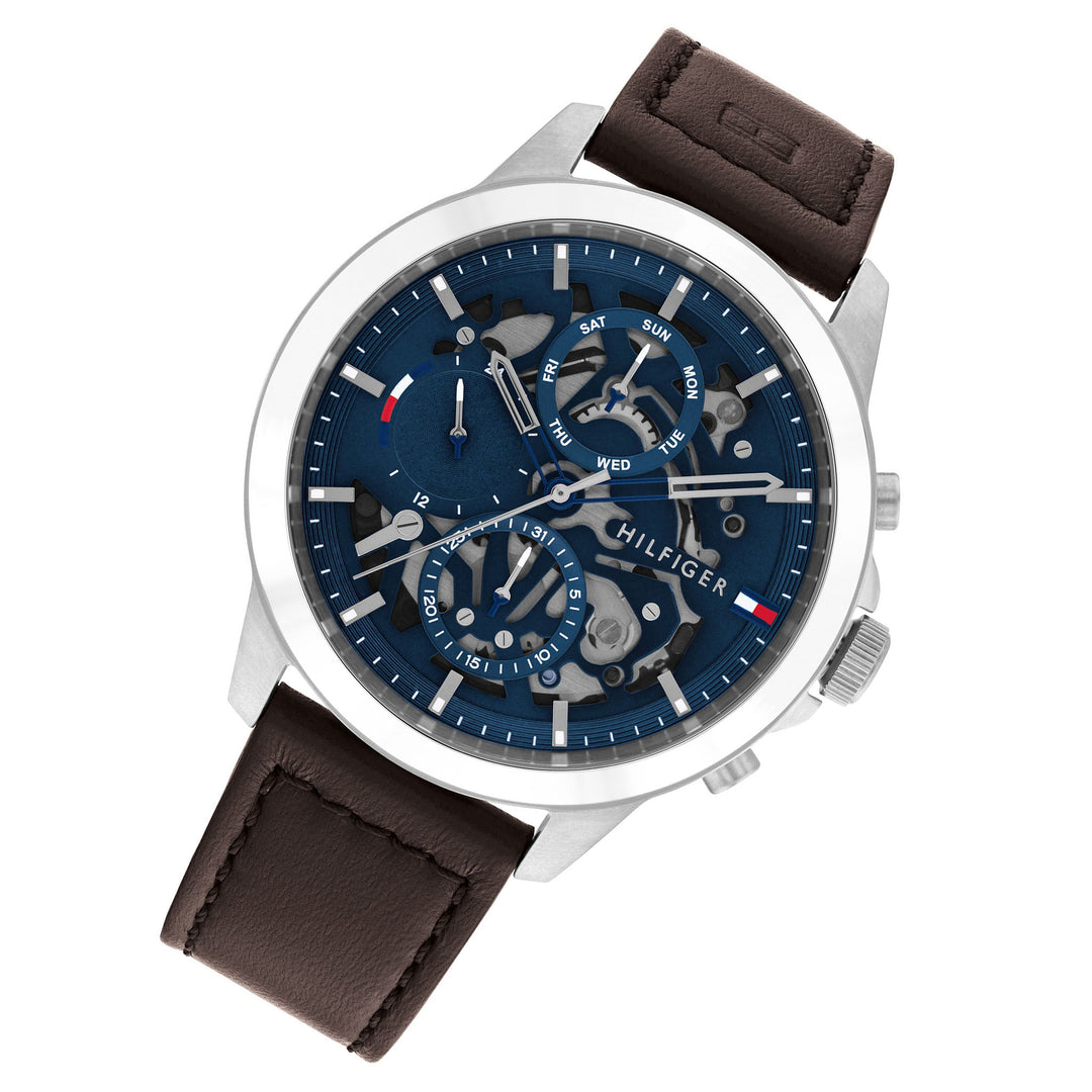 Tommy Hilfiger Dark Brown Leather Band Blue Dial Men's Multi-function Watch - 1710476