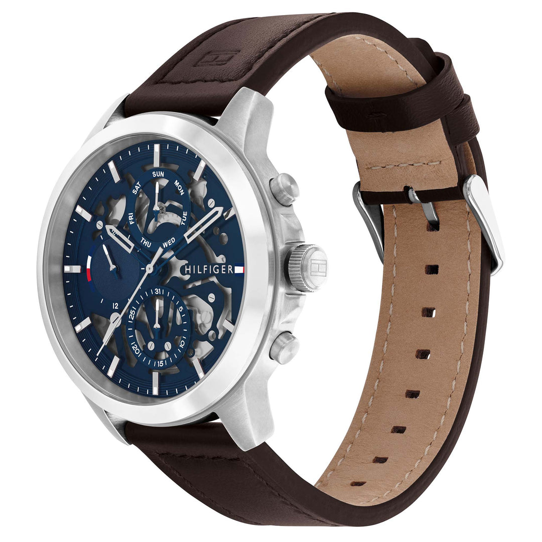 Tommy Hilfiger Dark Brown Leather Band Blue Dial Men's Multi-function Watch - 1710476