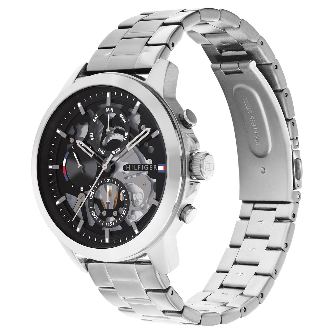 Tommy Hilfiger Silver Steel Black Dial Men's Multi-function Watch - 1710477