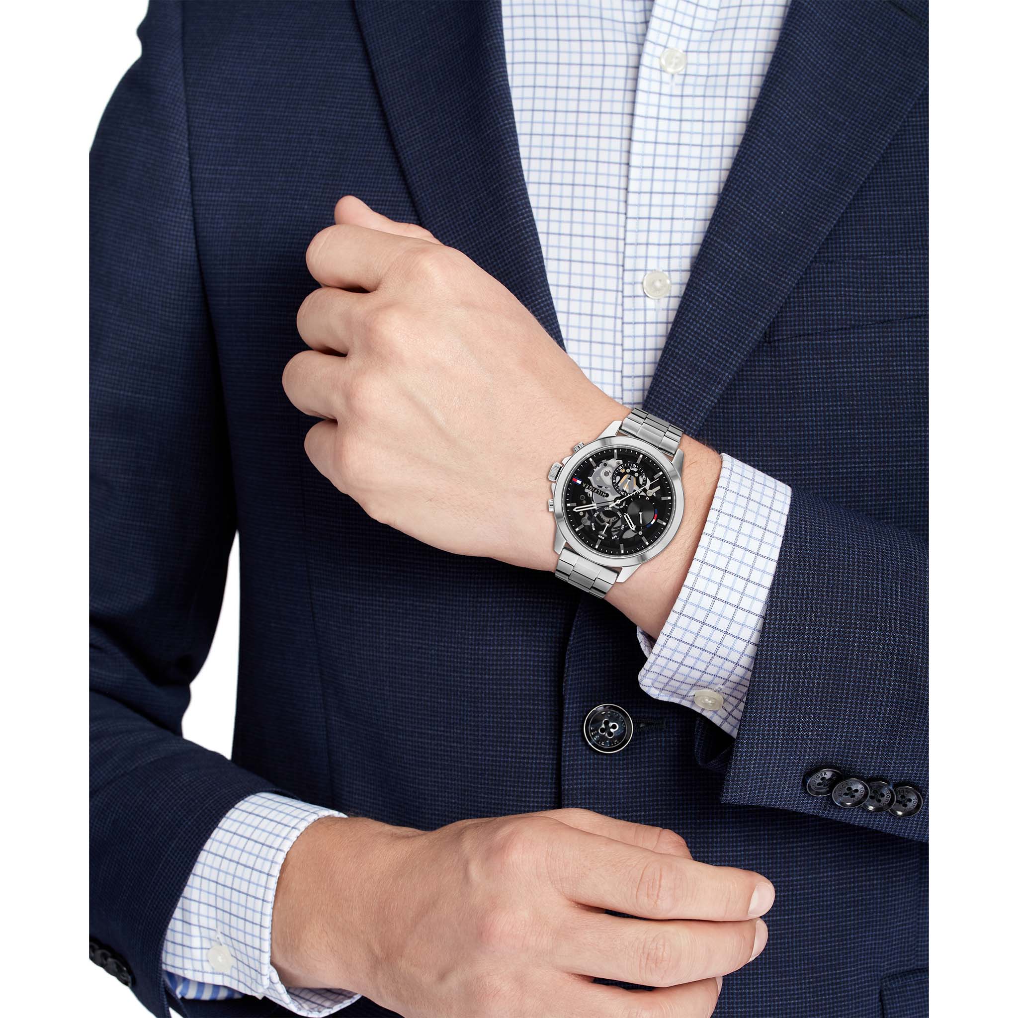 Tommy Hilfiger Silver Steel Black Dial Men's Multi-function Watch - 1710477