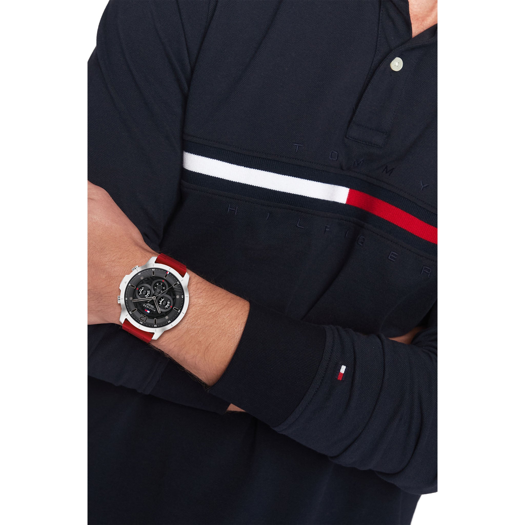 Tommy Hilfiger Red Silicone Band Grey Dial Men's Multi-function Watch - 1710490
