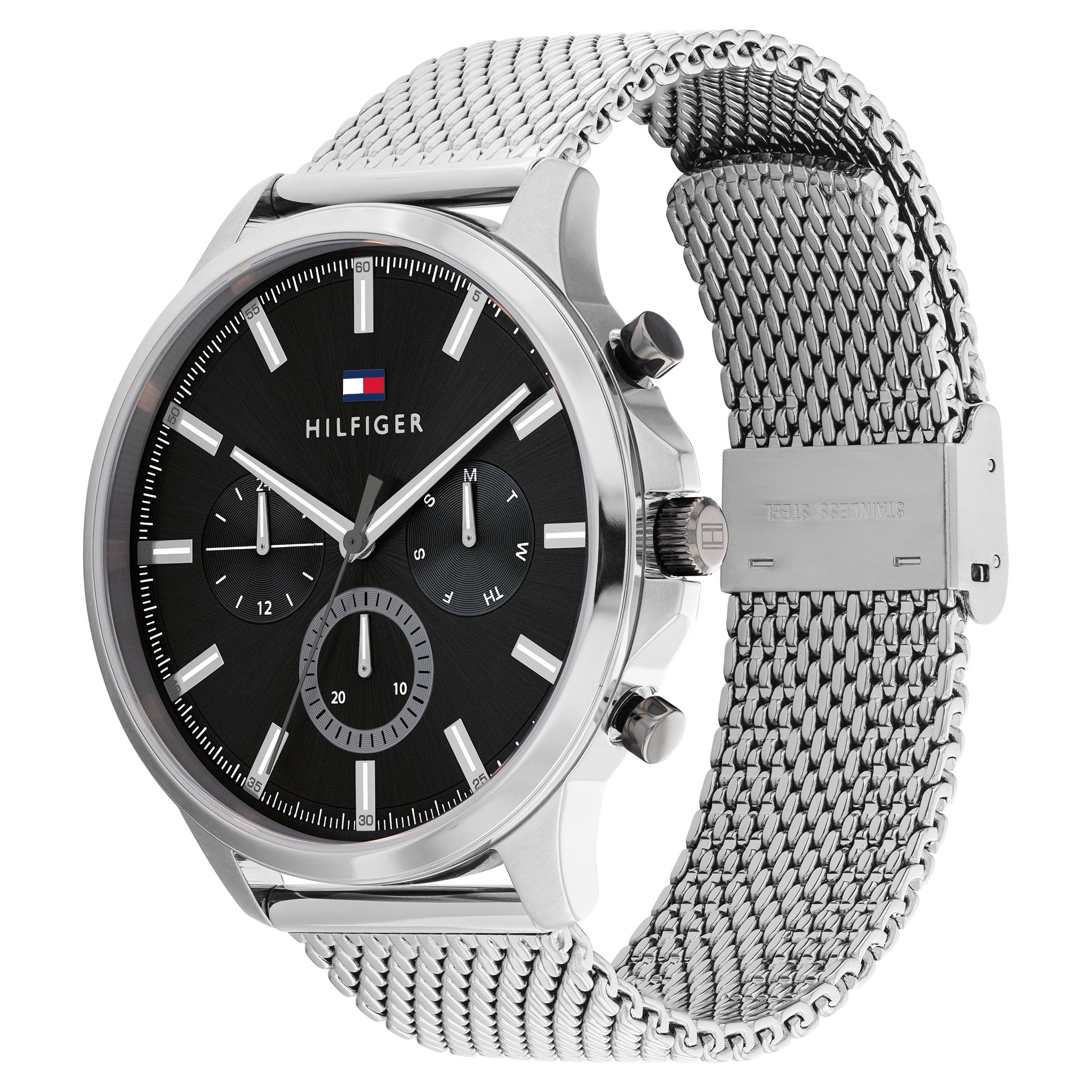 Tommy Hilfiger Silver-Tone Mesh Black Dial Multi-function Men's Watch - 1710498