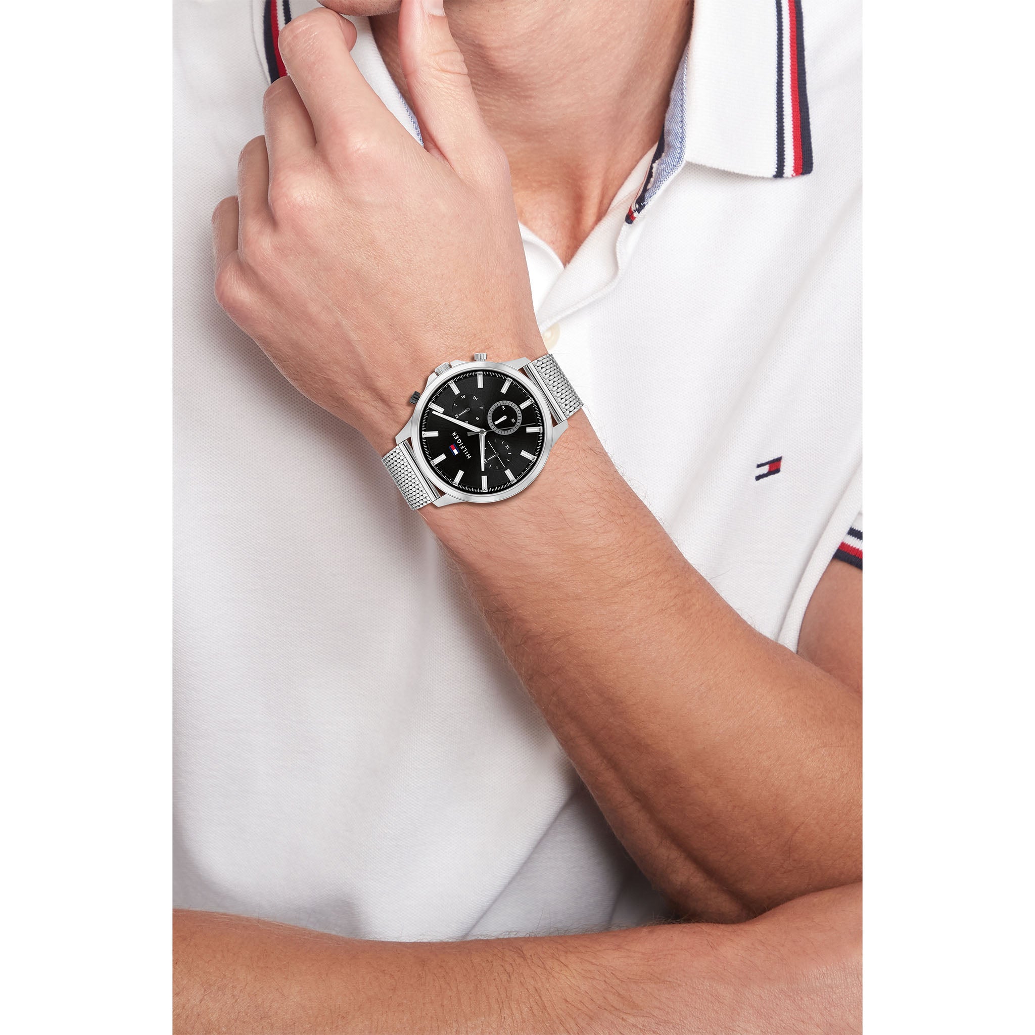 Tommy Hilfiger Silver-Tone Mesh Black Dial Multi-function Men's Watch - 1710498