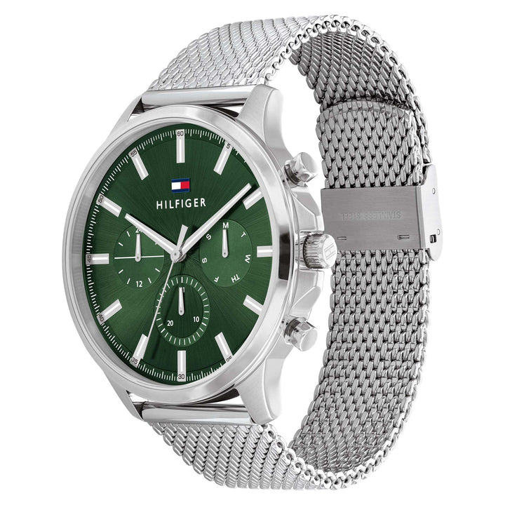 Tommy Hilfiger Silver-Tone Mesh Green Dial Multi-function Men's Watch - 1710499