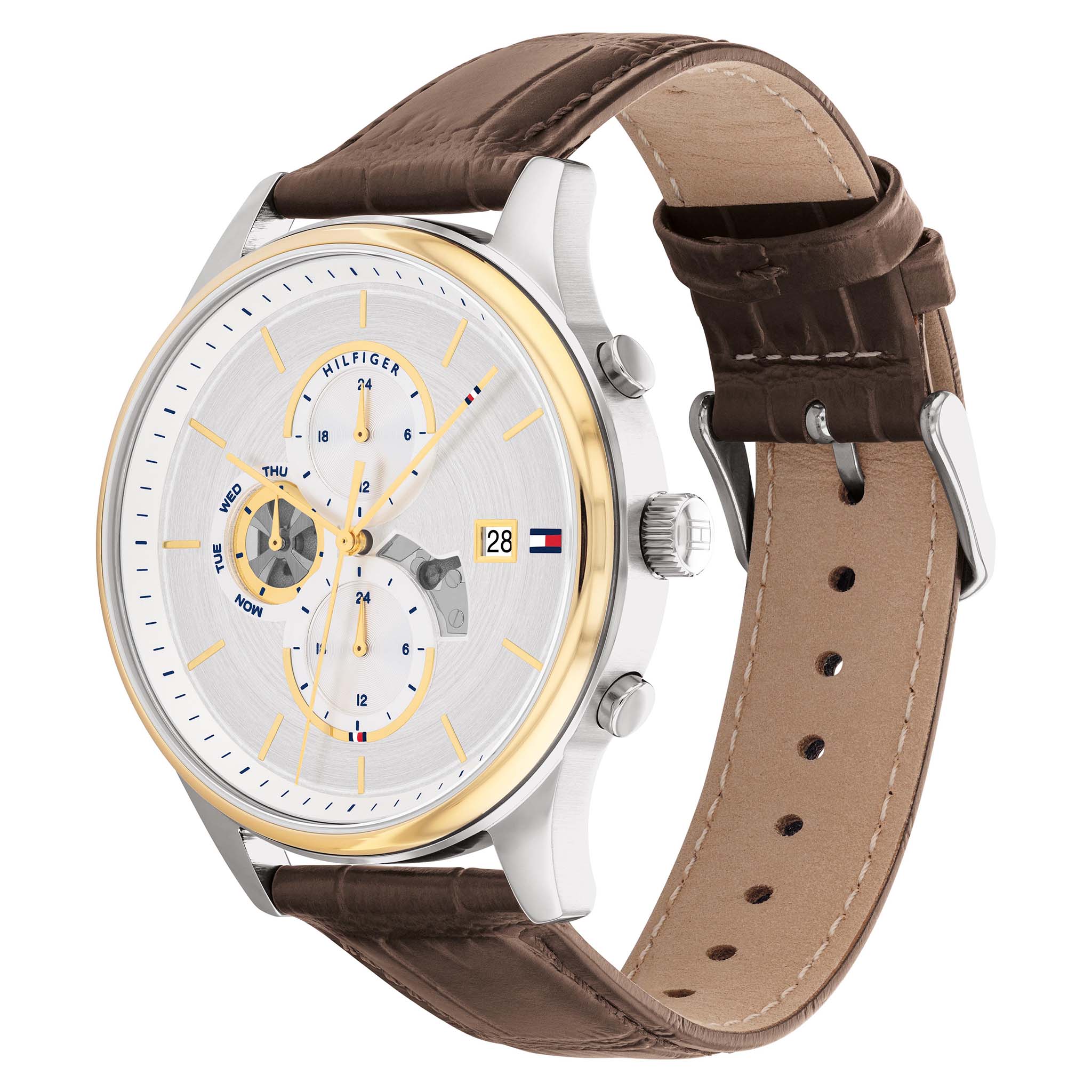 Tommy Hilfiger Brown Leather Silver White Dial Multi-function Men's Watch - 1710501